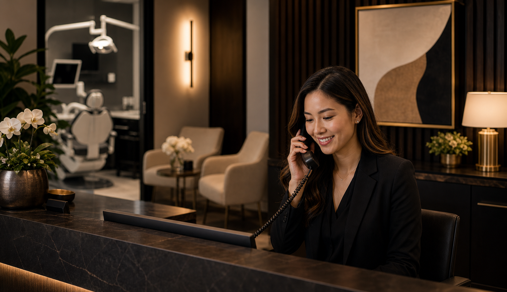 Dental office receptionist answering a patient call from the front desk