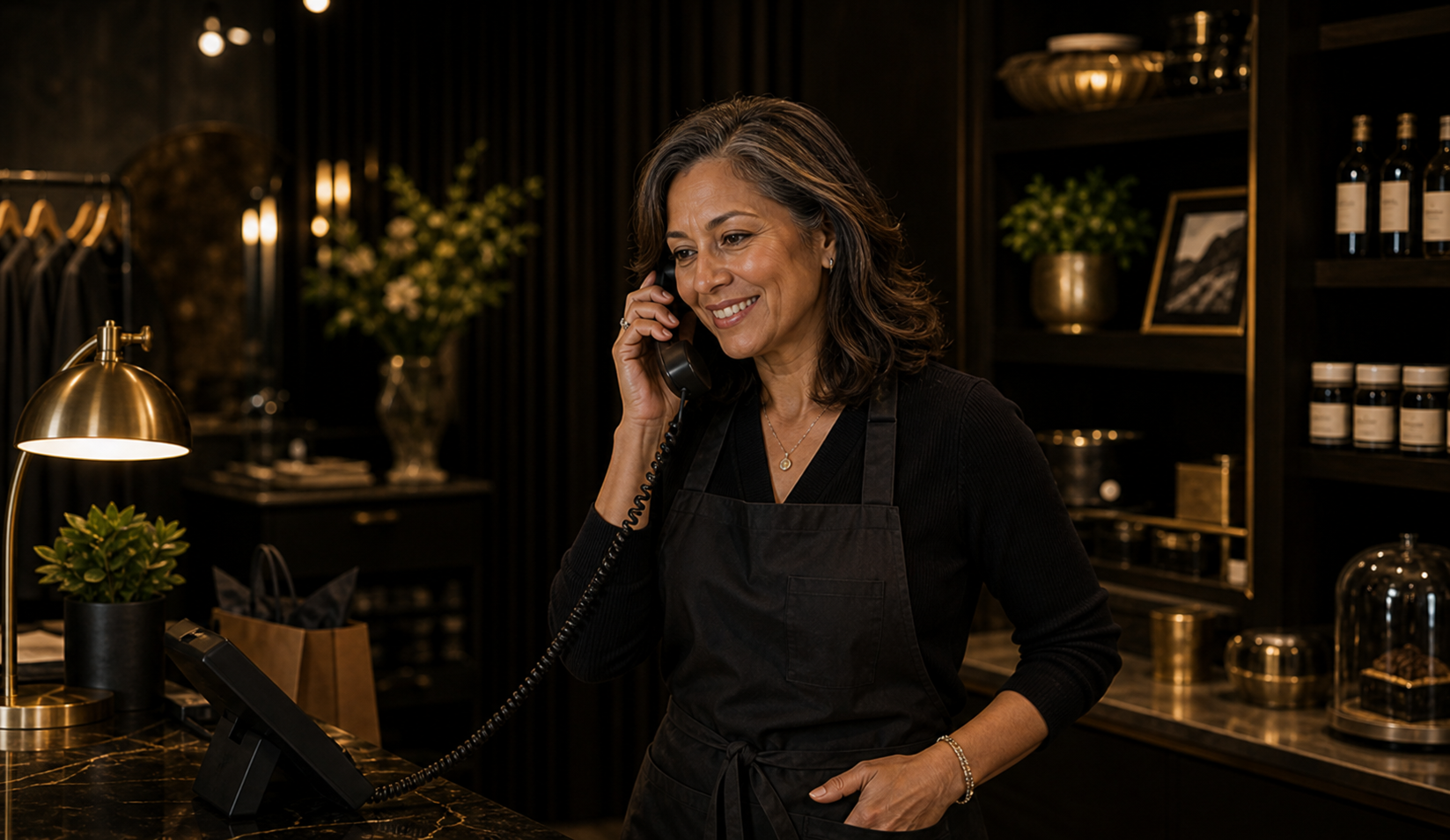 Boutique owner speaking with a customer on a front desk phone