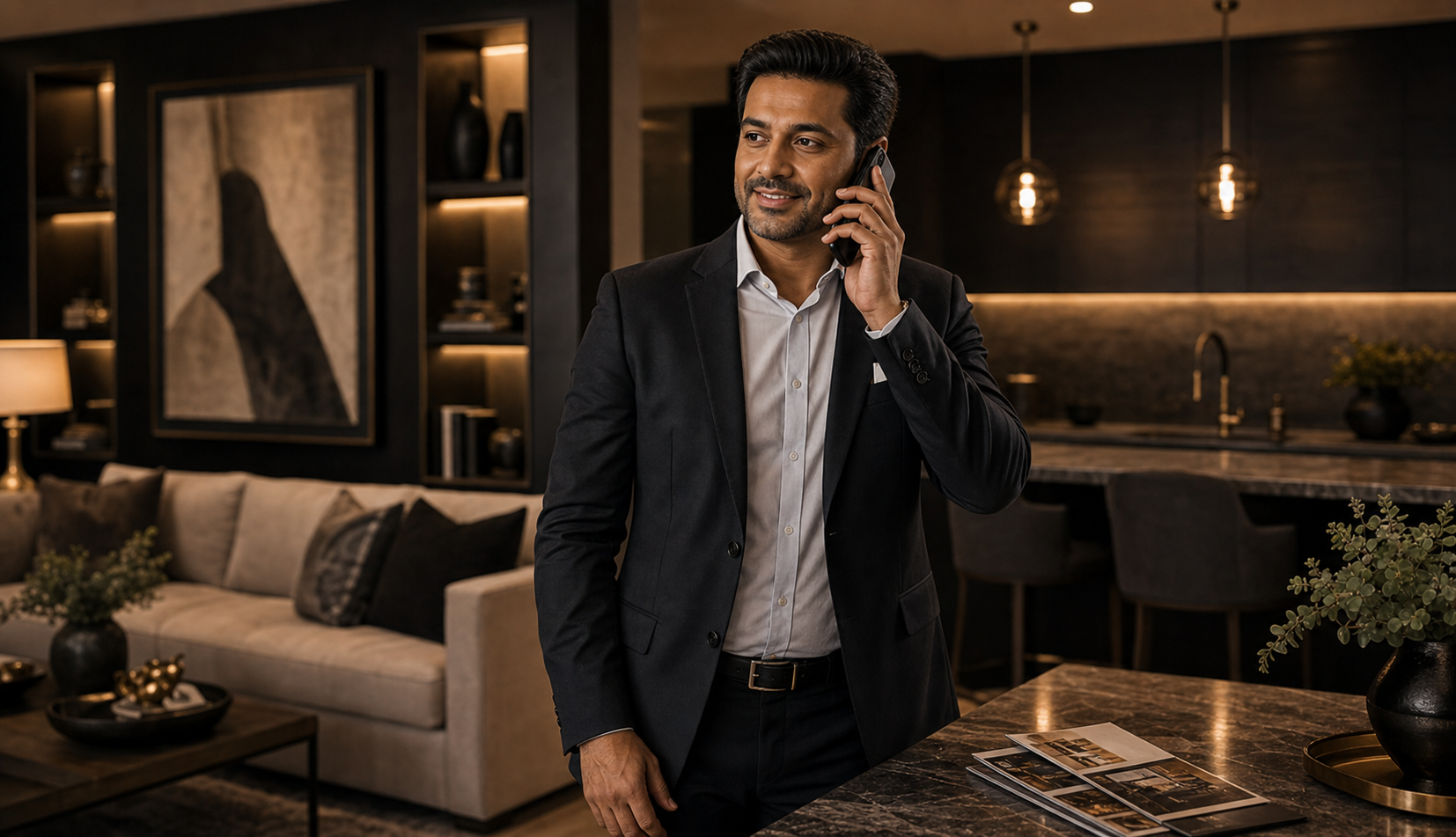 Service business owner taking a customer call in a professional office