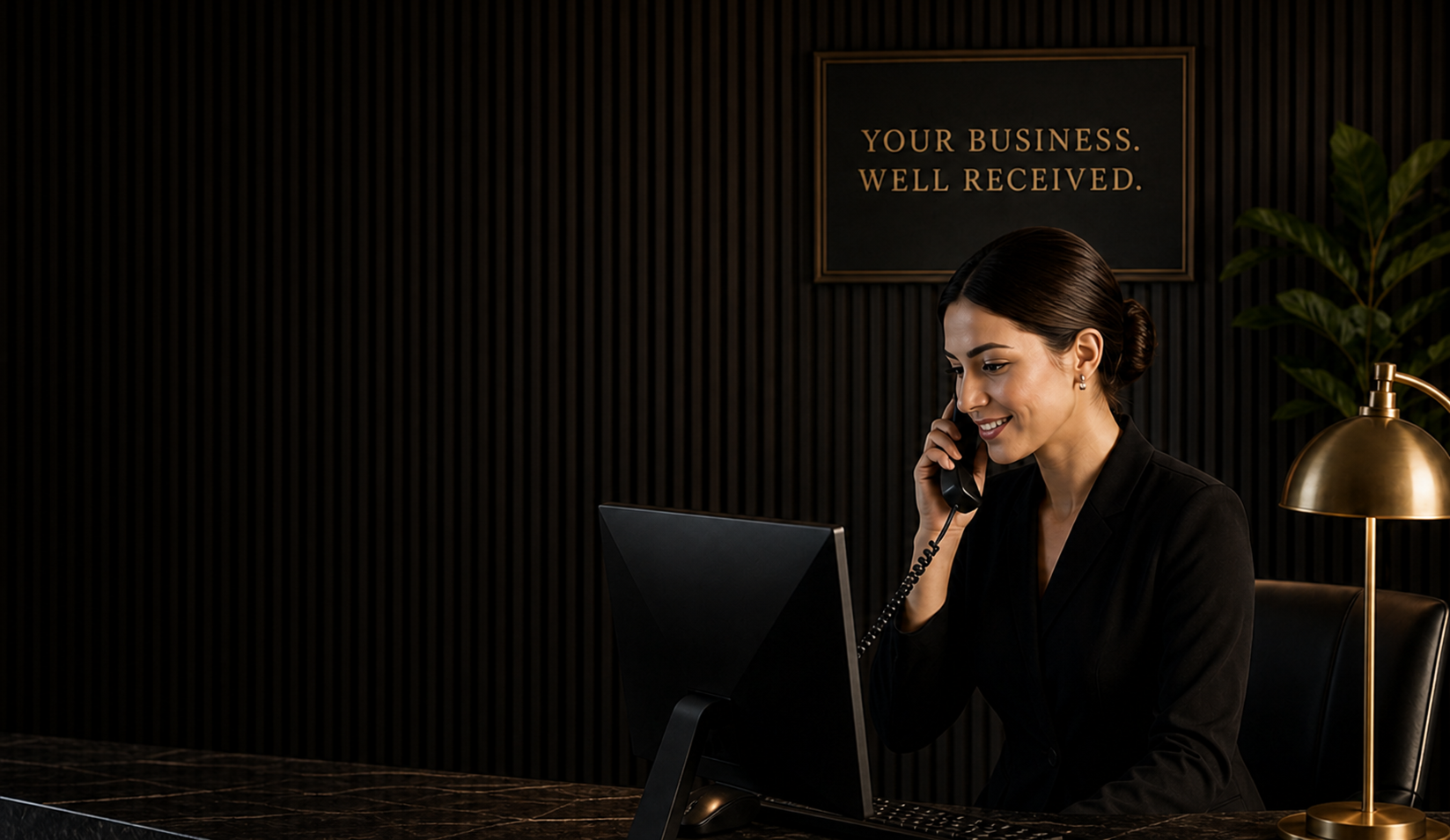 TrueHello receptionist answering a customer call with a wall sign behind her